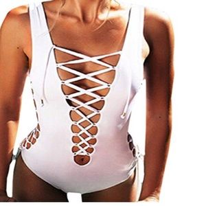Deep V Lace Up Backless High Cut Swimsuit